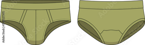 Men’s underwear technical fashion flat, green boxer brief style, front and back view, cad template, seamless vector apparel sketch