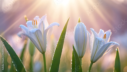 Delicate white lilies with dew drops in soft sunlight flowers