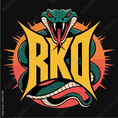 Aggressive green viper snake coiled around yellow rko letters with sunburst background