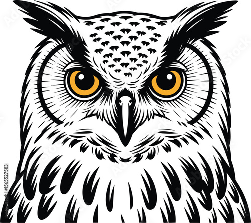 Detailed Owl Head Icon with Yellow Eyes in Black and White Vector Style