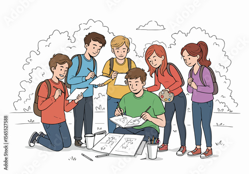 Diverse group of young students sketching and drawing outdoors together, collaborating and learning in an art class or creative activity.