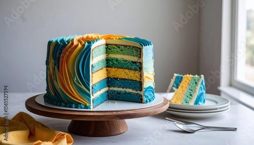Multi Layered Cake Featuring Teal, Yellow, and Gold Icing