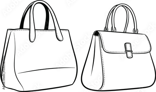 Minimalist handbag fashion design with stitching detail, buckle flap style, vector template, cad drawing, elegant purse flat technical sketch