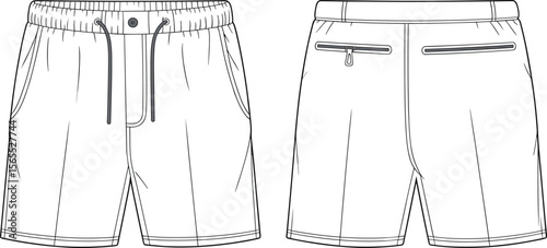 Men's drawstring sport shorts, technical fashion sketch, cad template front back, zipper pocket design, vector apparel outline, garment illustration