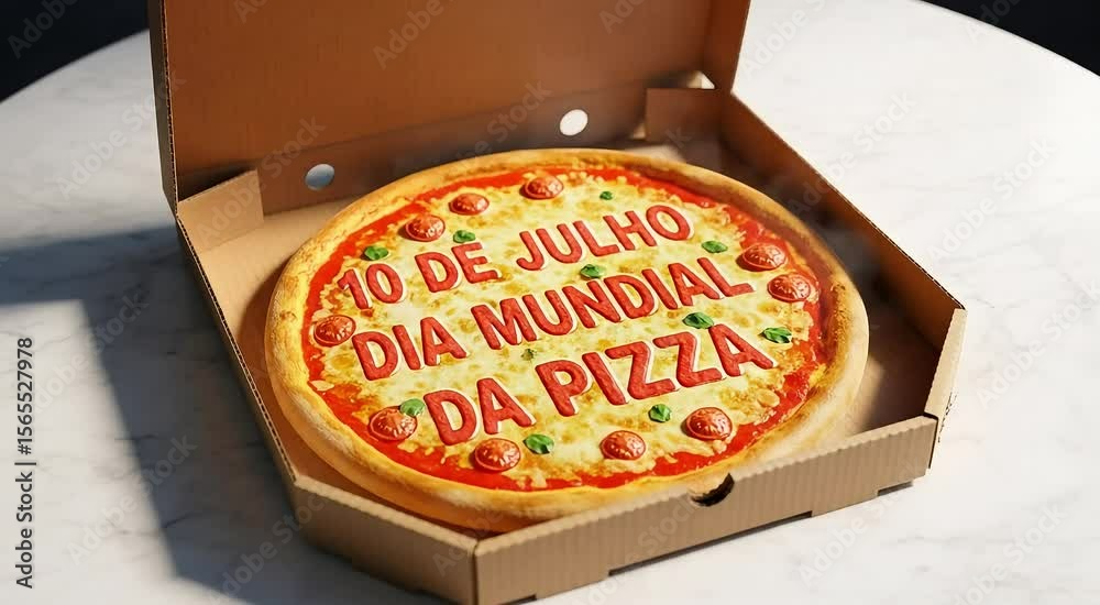 Pizza em caixa com texto “dia mundial da pizza” visto de cima