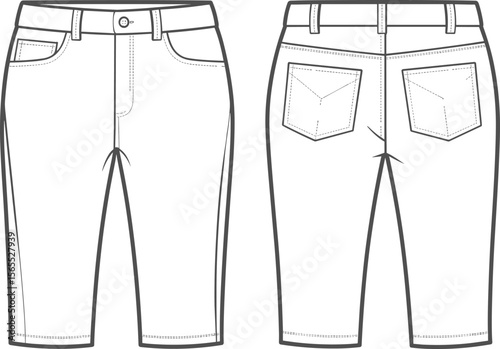 Slim fit knee length pants, front and back view, fashion technical sketch, detailed vector outline, pocket style, stylish garment