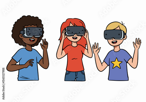 Cartoon illustration of diverse kids wearing VR headsets and interacting with virtual reality, depicting fun and technology exploration.