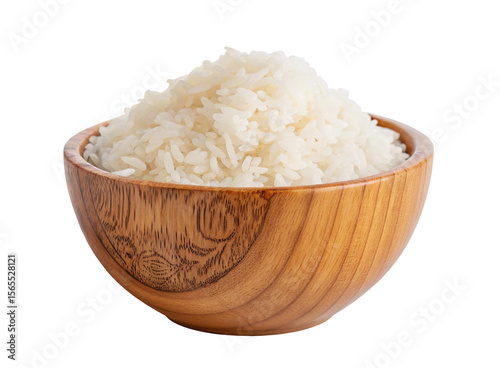 Wooden bowl filled with cooked white rice isolated on a plain background for culinary presentation