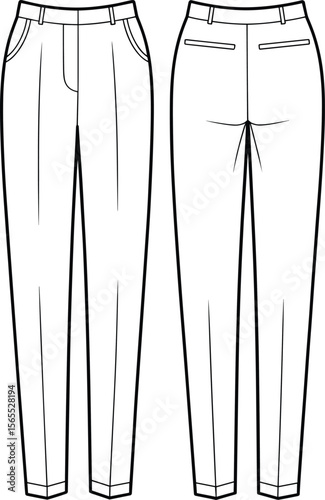 Women slim fit pants front and back, fashion flat sketch, technical trouser design, vector clothing template, stylish apparel construction drawing