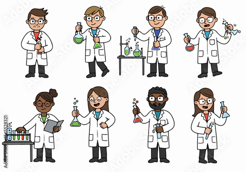 Diverse group of cartoon scientists performing experiments in a laboratory, holding beakers, test tubes, and equipment for science research and education.