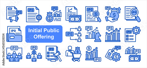 Initial Public Offering  editable stroke icon set, with Prospectus, Valuation, Disclosure, Filing, Investor, Stock exchange, Equity.