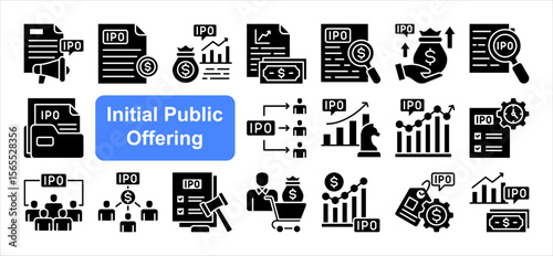 Initial Public Offering  editable stroke icon set, with Prospectus, Valuation, Disclosure, Filing, Investor, Stock exchange, Equity.