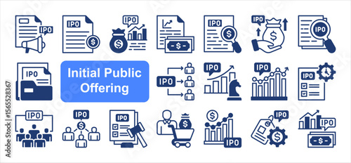 Initial Public Offering  editable stroke icon set, with Prospectus, Valuation, Disclosure, Filing, Investor, Stock exchange, Equity.