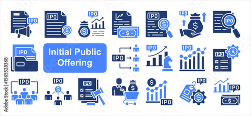 Initial Public Offering  editable stroke icon set, with Prospectus, Valuation, Disclosure, Filing, Investor, Stock exchange, Equity.