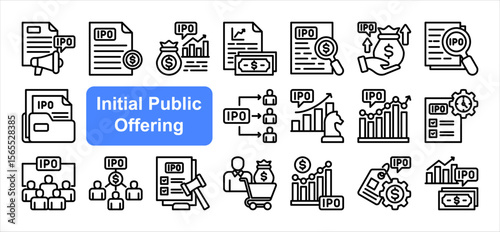 Initial Public Offering  editable stroke icon set, with Prospectus, Valuation, Disclosure, Filing, Investor, Stock exchange, Equity.