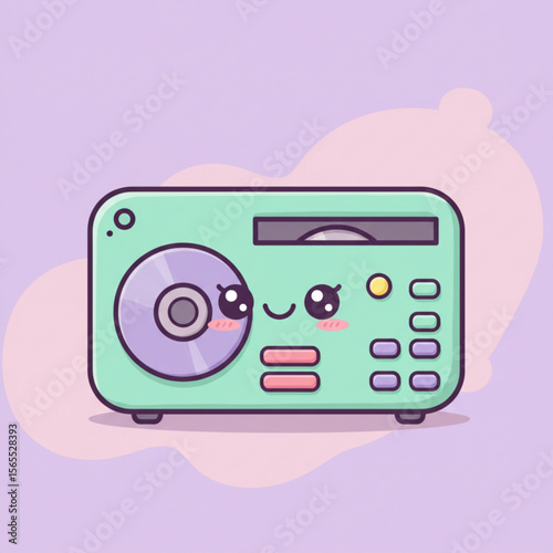Cute cartoon illustration of a light mint green CD player with expressive eyes and a happy face.