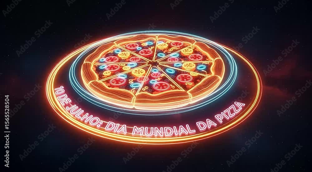 Pizza neon com coberturas e texto celebrando o Dia Mundial da Pizza