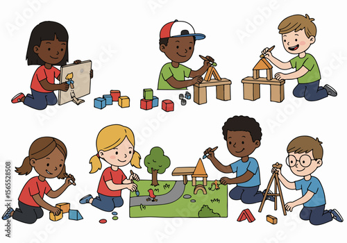Illustration of diverse children playing and learning with building blocks and crafts, fostering creativity and development.