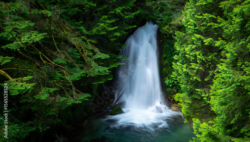 Lush forest waterfall cascading into turquoise water surrounded by vibrant green trees nature