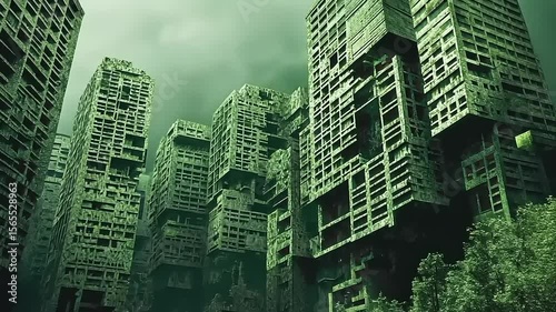 Dystopian city landscape with dilapidated buildings and ominous green skies