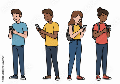 Cartoon illustration of diverse young people standing and using their mobile phones, depicting technology use and communication among youth.