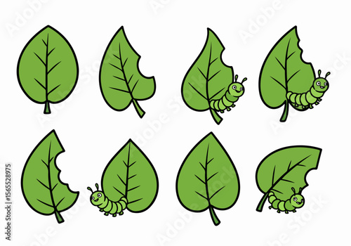 Cartoon Caterpillars Eating Leaves: A Sequence of Hungry Insects Devouring Green Foliage, Illustrating the Process of Leaf Damage by Garden Pests