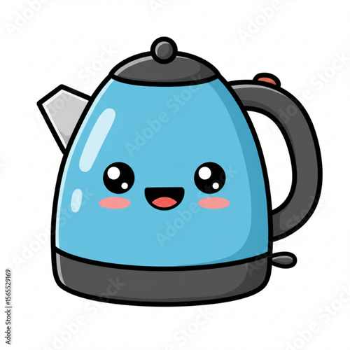 A cheerful, cartoon electric kettle smiles brightly.