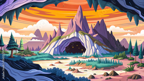 hollow mountain landscape featuring deep caverns and layered ecosystems cartoon vector an ideal fantasy adventure map for storytelling, world-building, or RPG game environment