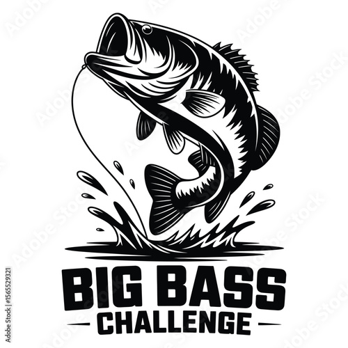 Silhouette of colossal largemouth bass leaping from water with water droplets, dynamic and powerful black and white vector illustration