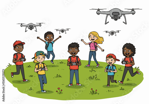 Happy diverse children having fun learning to fly drones outdoors in a park, exploring technology and aerial recreation together.