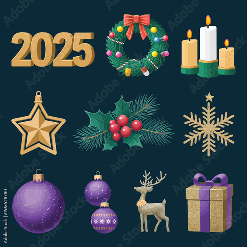 vector Happy New Year Celebrating 2025 in Latin letters , Christmas Decoration Items Santa Claus
