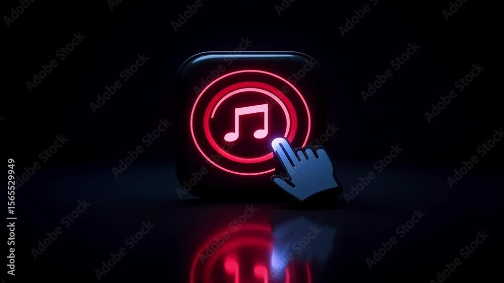Digital glowing red music icon with hand cursor on dark background representing online audio technology
