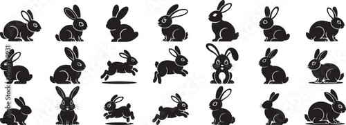 Black rabbits jumping sitting bunnies silhouettes