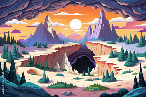 hollow mountain landscape featuring deep caverns and layered ecosystems cartoon vector an ideal fantasy adventure map for storytelling, world-building, or RPG game environment