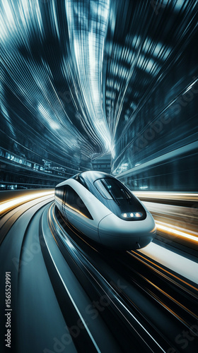 A high-speed train racing through a futuristic city, sleek design, motion blur effect.