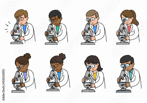 Diverse students and scientists using microscopes in a lab setting, simple cartoon illustration set.