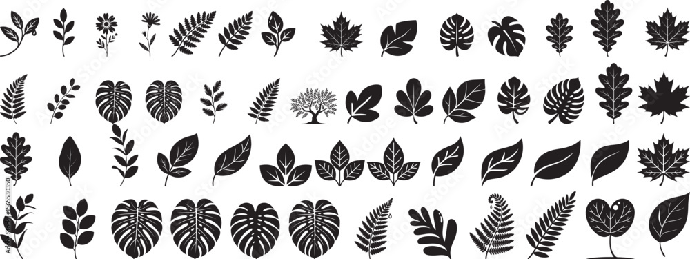 Fototapeta premium Diverse botanical leaf and flower silhouettes leaves