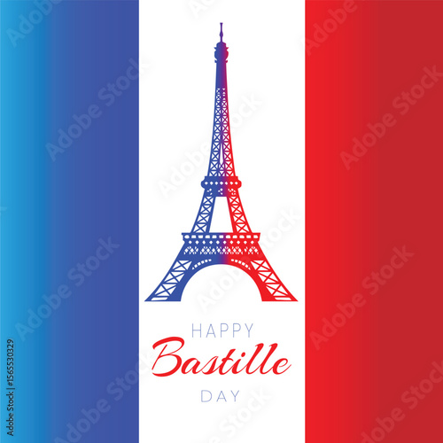 Happy Bastille Day Celebration in France  with Eiffel Tower and French Flag, vector illustration