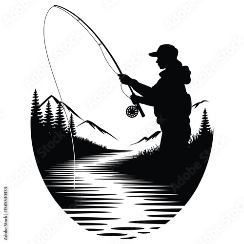 Silhouette of female fly fisher casting rod in mountain stream, isolated black and white vector illustration