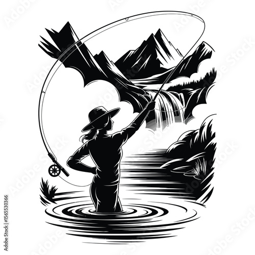 Silhouette of female fly fisher casting rod by mountain stream with waterfall and mist, black and white vector illustration