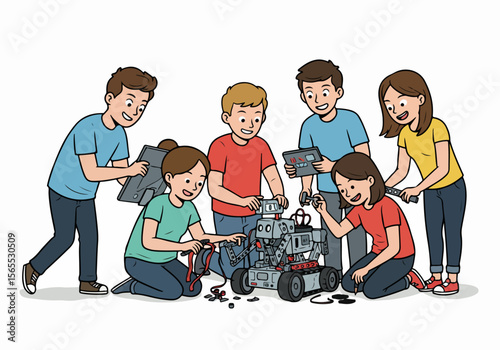 Diverse group of happy kids working on a robot together, STEM education concept illustration