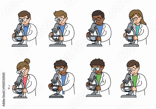 Cartoon set of diverse scientists and students using microscopes in a laboratory for research and education