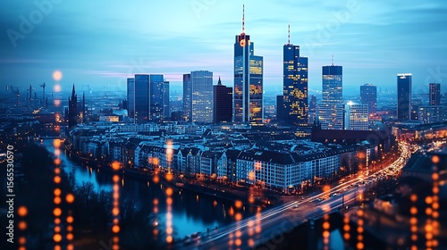 Aerial photo of frankfurt skyline at dusk showcasing modern architecture illuminated by city lights