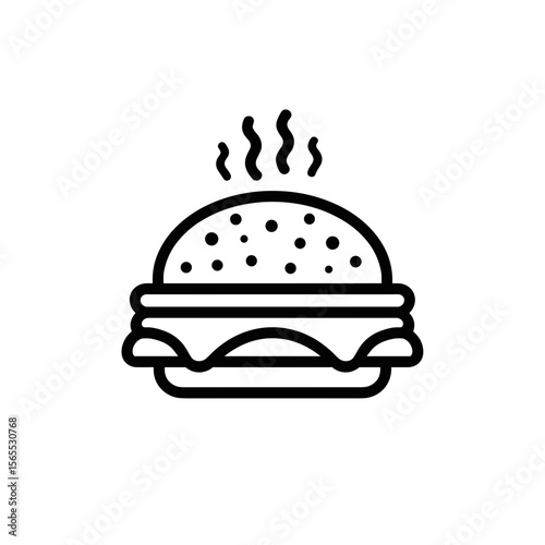 Line art hamburger with steam rising and sesame seed bun  