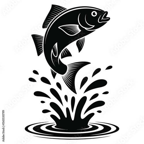 Silhouette of fish jumping out of water with splash, isolated black and white vector illustration