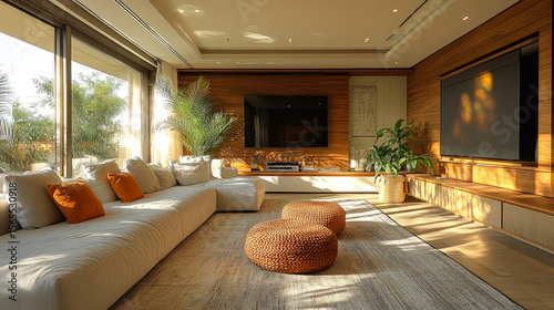 Bright modern living room with large windows, cozy seating, warm wooden walls, indoor plants, and sunlight streaming through for a relaxing atmosphere.
