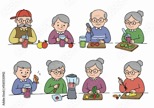 Illustrations of senior citizens making and enjoying healthy drinks and fresh food, promoting a healthy lifestyle.