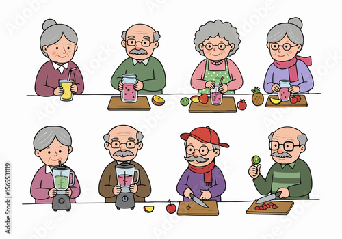 Illustration of senior citizens making and enjoying healthy fruit smoothies and juices in a kitchen setting.