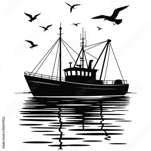 Silhouette of fishing trawler at sea with flying seagulls above, isolated on black and white background vector illustration