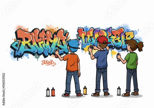 Three young people collaborating to paint vibrant graffiti on a wall, creating a colorful piece of urban art with spray cans.